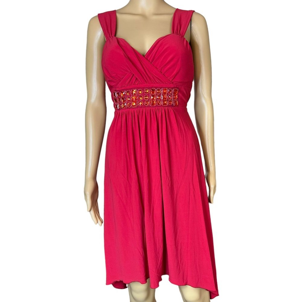 Dots A-Line Dress Large L Red Waist Rhinestone Knee Length Stretch Sleeveless